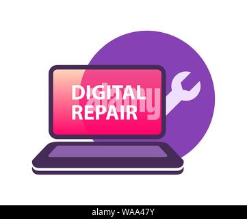 Digitale Geräte reparieren, Vector Logo Schablone mit Laptop und Schraubenschlüssel auf Weiß isoliert. Stock Vektor