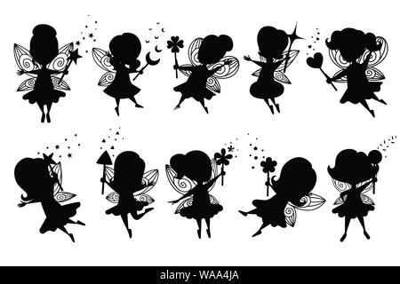 Schwarze Silhouette der Flying butterfly Fairy mit unterschiedlichen Form Zauberstab und Kleidung tragen Cartoon Character Design flachbild Vector Illustration. Stock Vektor