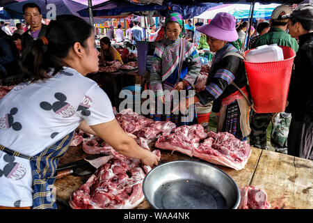 BAC HA, VIETNAM - 26. August: Nicht identifizierte Frau Fleisch verkaufenden am Sonntag Markt am 26. August 2018 in Bac Ha, Vietnam. Stockfoto