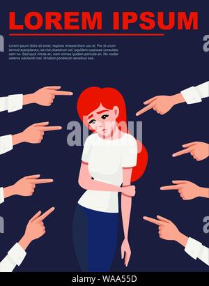 Viele Hände zeigen die traurigen redhead umgekippt Frau nach unten flach Vector Illustration auf dunklem Hintergrund. Stock Vektor