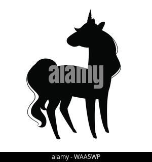 Schwarze silhouette Magic mythische Tier von Märchen Einhorn cartoon Animal design Flachbild Vector Illustration auf weißem Hintergrund. Stock Vektor