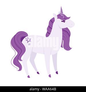 Magic mythische Tier von Märchen lila Einhorn cartoon Animal design Flachbild Vector Illustration auf weißem Hintergrund. Stock Vektor