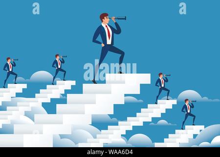 Businessmans auf weißen Treppe, die in Zukunft mit Spyglass Cartoon Character Design flachbild Vektor-illustration horizontale Banner. Stock Vektor