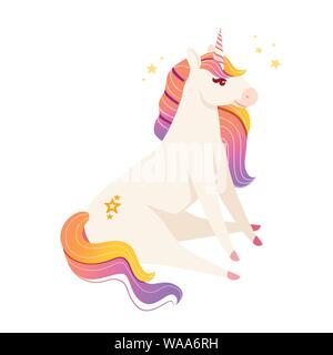Magic mythische Tier von Märchen Einhorn sitzen auf dem Boden cartoon Animal design Flachbild Vector Illustration auf weißem Hintergrund. Stock Vektor