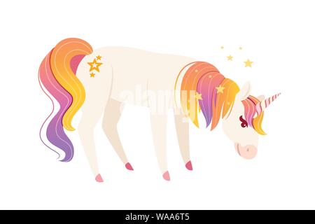 Magic mythische Tier von Märchen Einhorn isst Cartoon animal Design flachbild Vector Illustration auf weißem Hintergrund. Stock Vektor