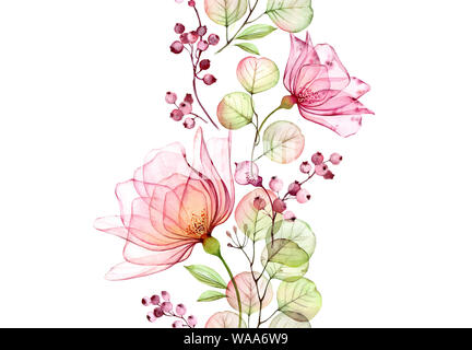 Transparente aquarell Rose. Nahtlose vertikale Grenze. Isolierte Hand gezeichneten Anordnung mit großen Blüten, Eukalyptus und Beeren für Hochzeit Design Stockfoto