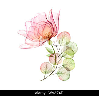 Transparente rose Blumenschmuck von Big Pink Flower und Eukalyptus. Aquarell handgezeichnete Abbildung isoliert auf Weiss für Hochzeit Stockfoto