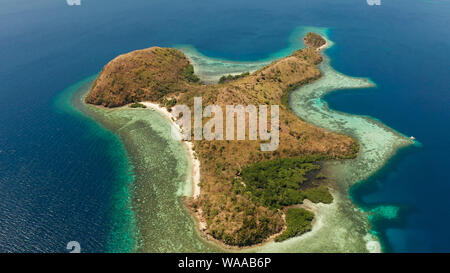 Antenne drone tropische Insel mit Lagunen und Korallenriff, Strand, in der blauen, klaren Wasser. Dinanglet, Philippinen, Palawan. Tropische Landschaft mit Blue Lagoon, Korallenriff. travel Concept Stockfoto