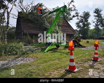 Klaistow, Deutschland. 19 Aug, 2019. 19. August 2019, Brandenburg, Klaistow/Beelitz: Teile einer Birke liegen auf dem Dach eines Hauses. Ein Gewitter über Teile von Brandenburg tobte am Sonntag Abend, so dass erhebliche Schäden vor allem in den Beelitz. Foto: Julian 1603/dpa-Zentralbild/dpa Quelle: dpa Picture alliance/Alamy leben Nachrichten Stockfoto