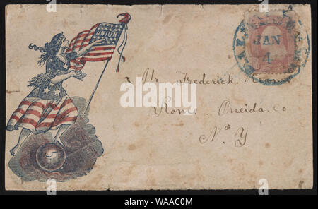 Bürgerkrieg Umschlag Columbia angezeigt mit Bündel von Weizen, der auf Union Flag und schweben über einer Kugel Stockfoto