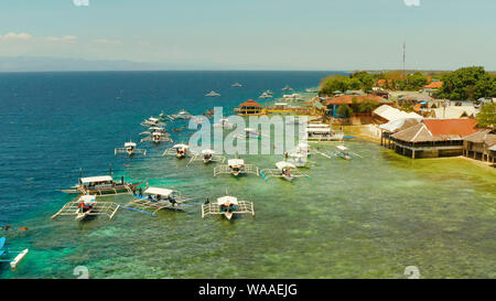 Touristen Schnorcheln über Korallenriff mit klaren, blauen Wasser des Ozeans, Luftbild. Moalboal, Philippinen. Menschen schwimmen im transparenten Meer zwischen Korallenriffen. Sommer und Reisen Urlaub Konzept. Stockfoto