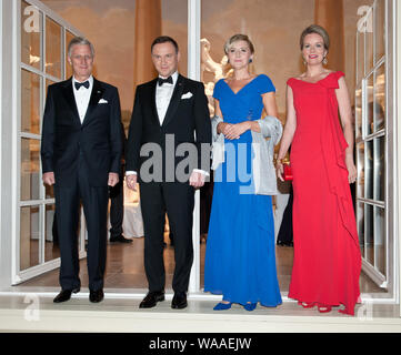 Die königliche Lazienki Museum Warschau, 14. Oktober 2015. Offizieller Besuch in Polen durch Seine Majestät der König der Belgier, Ihre Majestät die Königin der Belgier gezahlt. Empfang durch Seine Majestät der König der Belgier und Ihre Königliche Majestät der Königin von Belgien zu Ehren des Präsidenten der Republik Polen und der First Lady. Im Bild: König Philippe von Belgien, der Königin Mathilde, Präsident Andrzej Duda, erste Dame Agata Duda Stockfoto