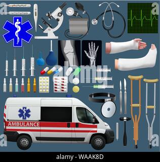 Große medizinische eingestellt. Breite Vielfalt von Themen, Werkzeuge, Medikamente, Krankenwagen, Diagnose und Behandlung. Realistische Bilder. Vektorgrafiken. Stock Vektor