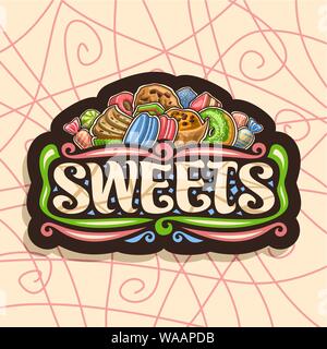 Vektor logo für Süßigkeiten, dunklen Repräsentant mit Haufen von Cartoon gourmet Backwaren, ursprünglichen Bürste Buchstaben für Word Spezialitäten, Süßigkeiten und bunte Stock Vektor