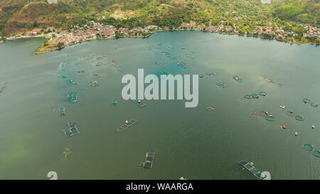 Fischkäfige und Fischzucht Netze auf eine Fischzucht, Taal See Blick von oben, den Philippinen, Luzon. Stockfoto