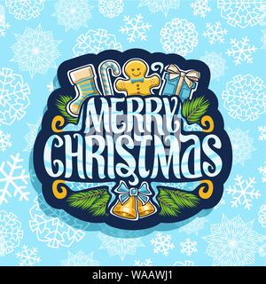 Vektor logo für Frohe Weihnachten, dunkle dekorative Sticker mit Kids Socken, sweet Candy Cane, niedliche Gingerbread Man, Geschenkbox, ursprünglichen Schrifttyp für wünschen Stock Vektor