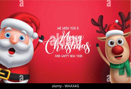 Weihnachtsmann und Rentier Vektor weihnachten Zeichen hand Verzicht mit frohe Weihnachten Gruß in roten Hintergrund. Vector Illustration Weihnachten Stock Vektor