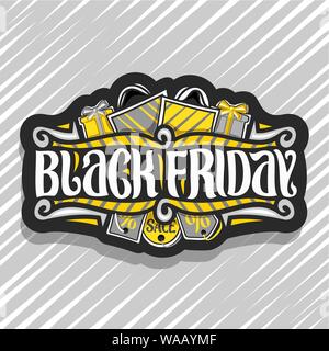 Vektor logo für Schwarzen Freitag, dunkle Zeichen mit gelben Tragetaschen und Geschenkverpackung, original brush Schrift für Worte schwarzer Freitag, einfache minimalistische Co Stock Vektor