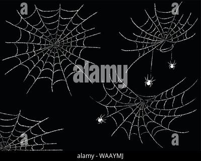 Halloween Spinnennetz und Spinnen auf Schwarz für Spiderweb scary Design isoliert Stock Vektor