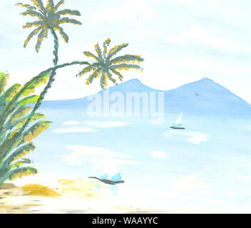 Aquarell Sommer tropischen Hintergrund, Berge, Meer, Segelboot und Palmen. Der Sommer Strand surfen Abbildung Stockfoto