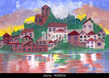 Schöne Illustration mit Haus, das Meer, die Berge und den Sonnenuntergang. Watercolor Illustration einer Hand auf Papier gezeichnet. Stockfoto