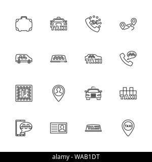 Taxi,?ar?alle Service Übersicht Icons Set - schwarzes Symbol auf weißem Hintergrund. Taxi,?ar?alle Service einfache Illustration Symbol gesäumten Einfachheit Zeichen Stock Vektor