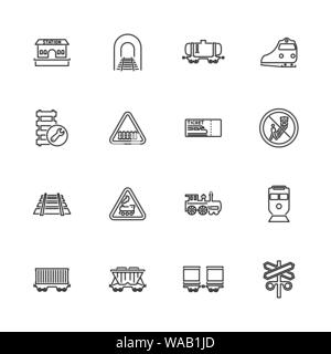 Züge, Bahntransport Umrisse Icons Set - schwarzes Symbol auf weißem Hintergrund. Züge, Eisenbahn Transport einfache Illustration Symbol gesäumt simplicit Stock Vektor