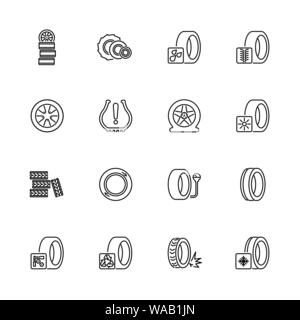 Reifen, Auto Rad Umrisse Icons Set - schwarzes Symbol auf weißem Hintergrund. Reifen, Auto Rad einfache Illustration Symbol gesäumten Einfachheit unterzeichnen. Flache Vecto Stock Vektor