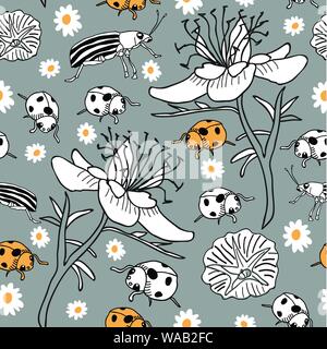 Marienkäfer Bugs und Blumen - Garten Leben nahtlose Muster wiederholen. Spaß und frische, grafische Oberfläche Repeat Pattern Design mit niedlichen Bugs und Marienkäfer mit Blumen auf einem gelben Hintergrund. Nett und lustig Muster wiederholen in Gelb, Schwarz und Weiß. Stock Vektor