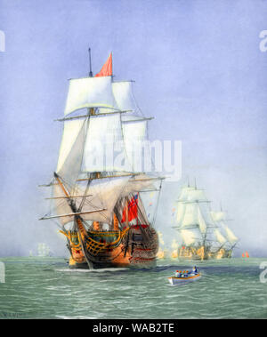 Jahrgang 1922 Drucken mit dem Titel "Die erste Reise der Sieg 1778" mit der Darstellung der berühmten Royal Navy Schiff HMS Victory at sea. Sieg, am besten für ihre Rolle als Vizeadmiral Nelson's Flaggschiff in der Schlacht von Trafalgar 1805 bekannt, wurde von Chatham Werft in 1765 gestartet, aber nicht aktiv Service geben Sie bis 1778 nach Frankreich der amerikanische Krieg seit der Unabhängigkeit. Künstler William Lionel Wyllie und sein Sohn Harold waren stark in der Restaurierung und Erhaltung des Schiffes im frühen 20. Jahrhundert und Sieg beteiligt ist heute ein Museum Schiff im Trockendock in Portsmouth. Stockfoto