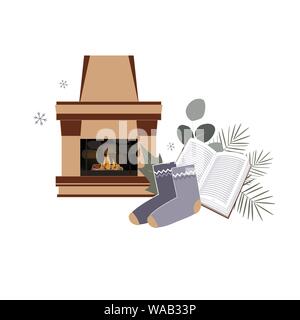 Zeit zu Hygge, minimailstic Vektor Komposition. Gemütlich zu Hause Dinge wie Kamin, Buch, warme Socken, und Weihnachten Baum verzweigt. Dänische lebendiges Konzept Stock Vektor