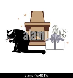 Zeit zu Hygge, minimailstic Weihnachten Komposition. Vektor. Gemütlichen Kamin, Cat, vorhanden, und Weihnachten Baum verzweigt. Dänische lebendiges Konzept Stock Vektor