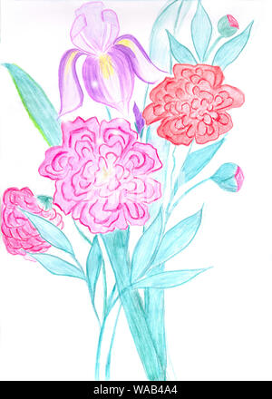 Blumen und Schwertlilien, auf weißem Hintergrund. Aquarell Malerei. Stockfoto