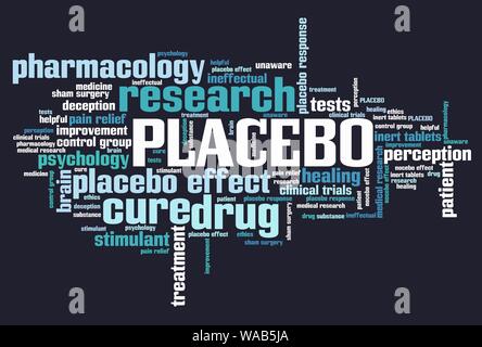 Placebo in der Arzneimittelforschung und Pharmakologie. Wort Wolke anmelden. Stockfoto