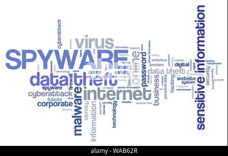 Spyware virus-gefährdeten Computer Security Konzept. Wort Wolke. Stockfoto