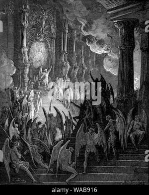 Gustave Doré, Satan spricht mit dem Rat der Hölle, Paradise Lost Gravur, 1866 Stockfoto