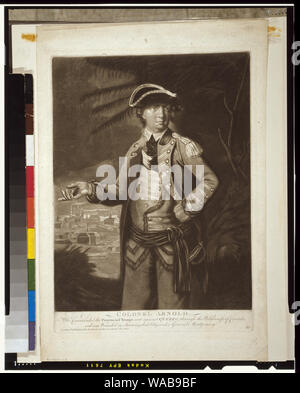 Oberst Arnold, der die Truppen gegen die Provinz Quebec gesendet geboten, durch die Wildnis von Kanada, und war in den Stürmen, die Stadt verwundet, unter General Montgomery Abstract: Benedict Arnold, drei-viertel länge Portrait, stehend, nach rechts und deutete mit der rechten Hand, trägt Uniform; Blick von Quebec, Kanada im Hintergrund. Stockfoto