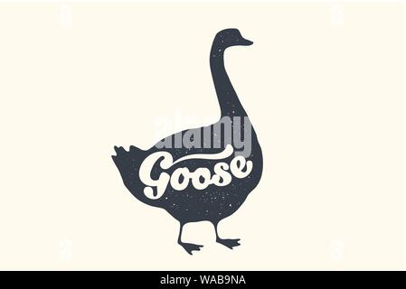 Bauernhof Tiere eingestellt. Isolierte Gans Gans Silhouette und Text Stock Vektor