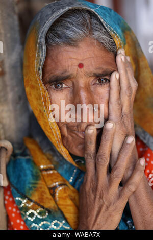 Alte Rajasthani Frau mit traditionellen Sari in Jaisalmer, Indien Stockfoto