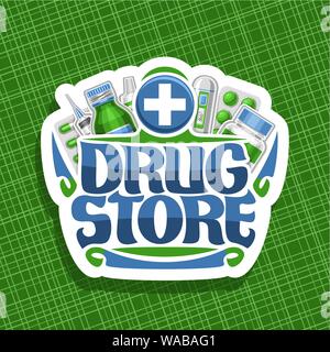 Vektor logo für Drug Store, Papier schneiden mit grünen Container, digitales Thermometer, aspirin Tablette und medizinische Hilfsgüter, ursprünglichen Schrifttyp für Wörter Stock Vektor