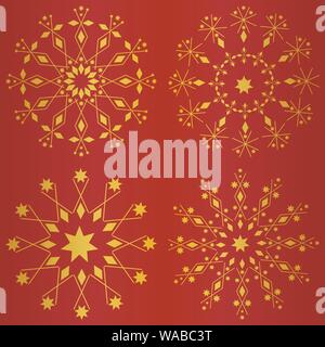 Elegante Schneeflocken Weihnachten Design auf kräftigem Rot und Gold Folie Hintergrund. Die nahtlose Vektor Muster. Für Textilien, Karten und Geschenkverpackung, party Stock Vektor