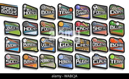 Vector set of Sports Badges, 27 signs of different kind sport games with original lettering, collection of isolated stickers with flying sport balls, Stock Vektor
