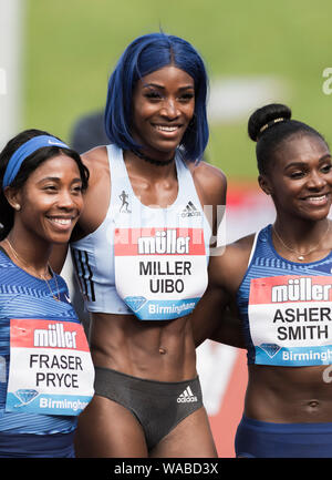 Birmingham. UK.. 18. August 2019: Der Frauen 200 m Rennen Shaunae Miller-Ubio, Dina Asher-Smith und Shelley-Ann Fraser-Pryce am Muller Grand Prix Birmingham - IAAF Diamond League - im Alexander Stadium, Birmingham, England am 18. August 2019 Stockfoto