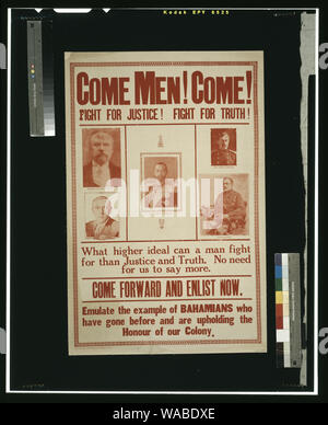 Kommen Männer! Kommen! Für die Gerechtigkeit kämpfen! ... Emulieren am Beispiel der Bahamians, bevor sie gegangen sind und die Wahrung der Ehre unserer Kolonie Abstract: Poster mit kleinen Porträts von Präsident Poincare von Frankreich, Präsident Woodrow Wilson, König George V. von England, König Albert von Belgien, und Sir Douglas Haig. Stockfoto