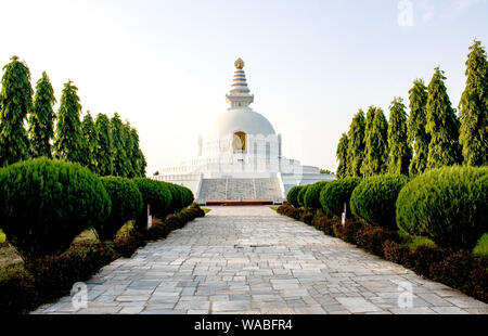 Frieden Pagode, Lumbini, Nepal. Auch japanischen Kloster, weiße Stupa oder weiße Tempel genannt. Stockfoto