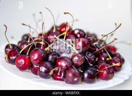 Die Qual sweet cherry aus dem Kühlschrank, verfaulte Früchte. Auf weissem Hintergrund. Schimmelige rote Beere. Tropfen Kondenswasser auf der Haut. Lebensmittelvergiftung Stockfoto