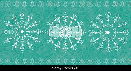Schöne Schneeflocke winter Grenze Design auf Teal Color Wash Hintergrund. Die nahtlose Vektor Muster. Für Textilien, Weihnachten Geschenkverpackung Banner, Briefpapier Stock Vektor