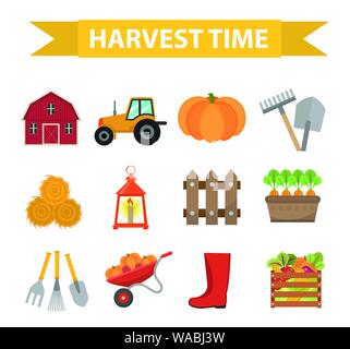 Herbst die Zeit der Ernte Icons Set flachbild Cartoon Stil. Ernte Sammlung von Elementen Design. Bauernhof, Thanksgiving Day Konzept, argoticulture. Isoliert auf Stock Vektor