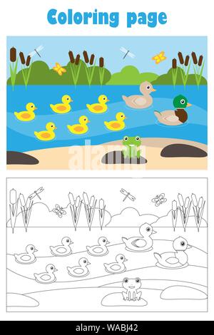 Teich mit Enten, Cartoon Stil, Färbung, Bildung Papier Spiel für die Entwicklung der Kinder, Kinder im Vorschulalter Aktivität, bedruckbar Arbeitsblatt Stock Vektor