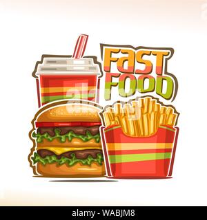 Vektor Plakat für Fast Food, Plakat mit Satz frischer Cheeseburger mit gebratenen Steak und Salat, Pommes frites im Karton, Mineral Drink in Kunststoff Stock Vektor